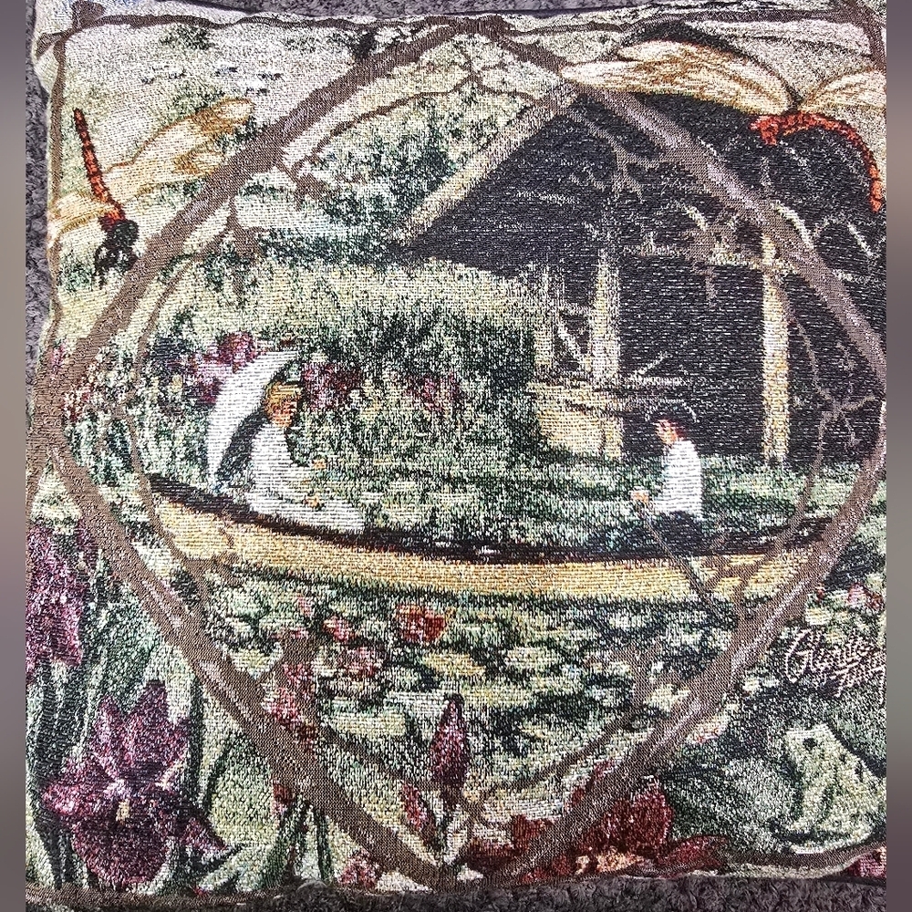 Glynda Turley Signed Tapestry Boat Couple Dragon Flys Flowers Frog Pillow 16x16 - Picture 4 of 4